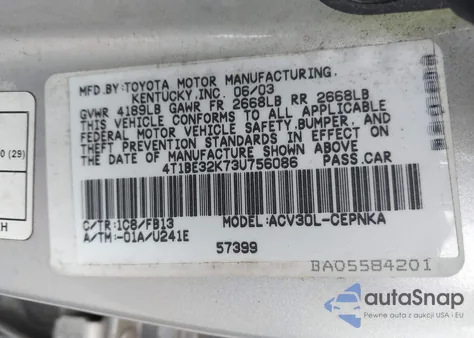 2003 Toyota Camry Le из США, поврежденный, VIN 4T1BE32K73U756086